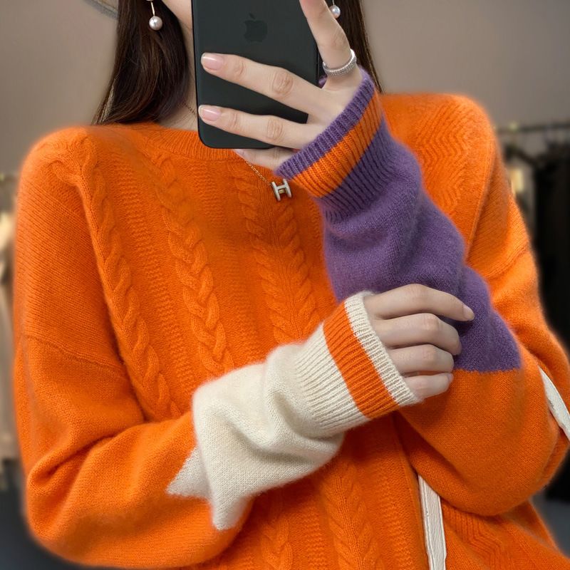 100 Ren Uld Sweater Kvinders 22 Efterår Og Vinter Ny Løs Rund Hals Farve Matchende Strikket Kashmir Bund