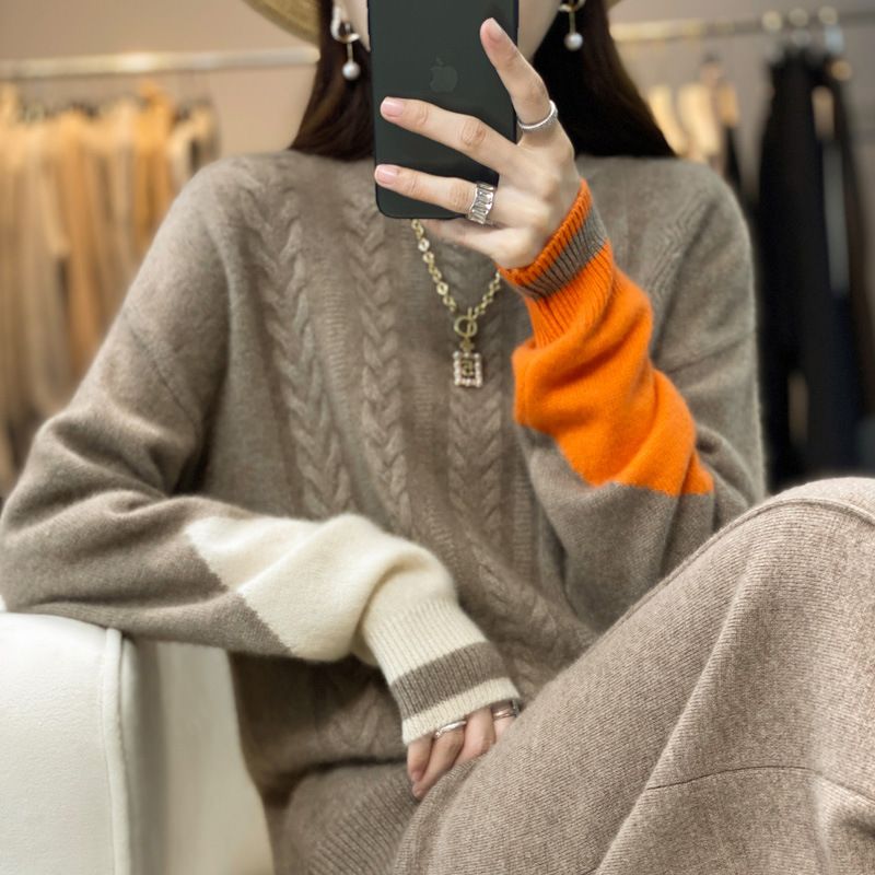 100 Ren Uld Sweater Kvinders 22 Efterår Og Vinter Ny Løs Rund Hals Farve Matchende Strikket Kashmir Bund
