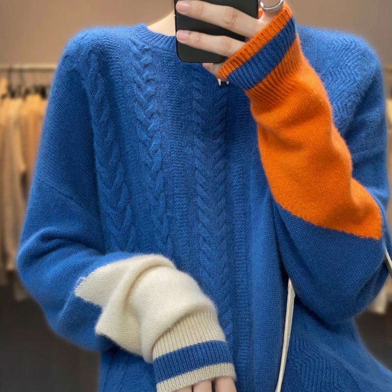 100 Ren Uld Sweater Kvinders 22 Efterår Og Vinter Ny Løs Rund Hals Farve Matchende Strikket Kashmir Bund
