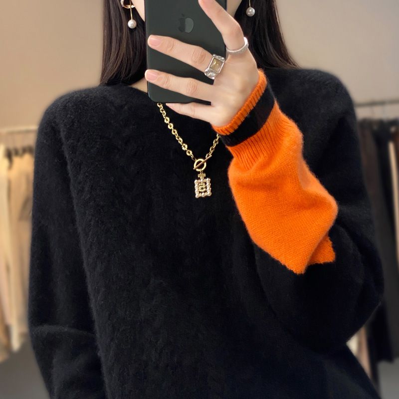 100 Ren Uld Sweater Kvinders 22 Efterår Og Vinter Ny Løs Rund Hals Farve Matchende Strikket Kashmir Bund