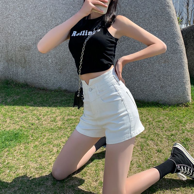 2023 Dame Lyseblå Slim Fit Stretch Denim Shorts Sort Høj Talje