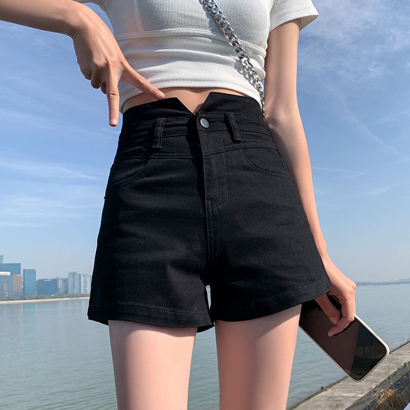 2023 Dame Lyseblå Slim Fit Stretch Denim Shorts Sort Høj Talje