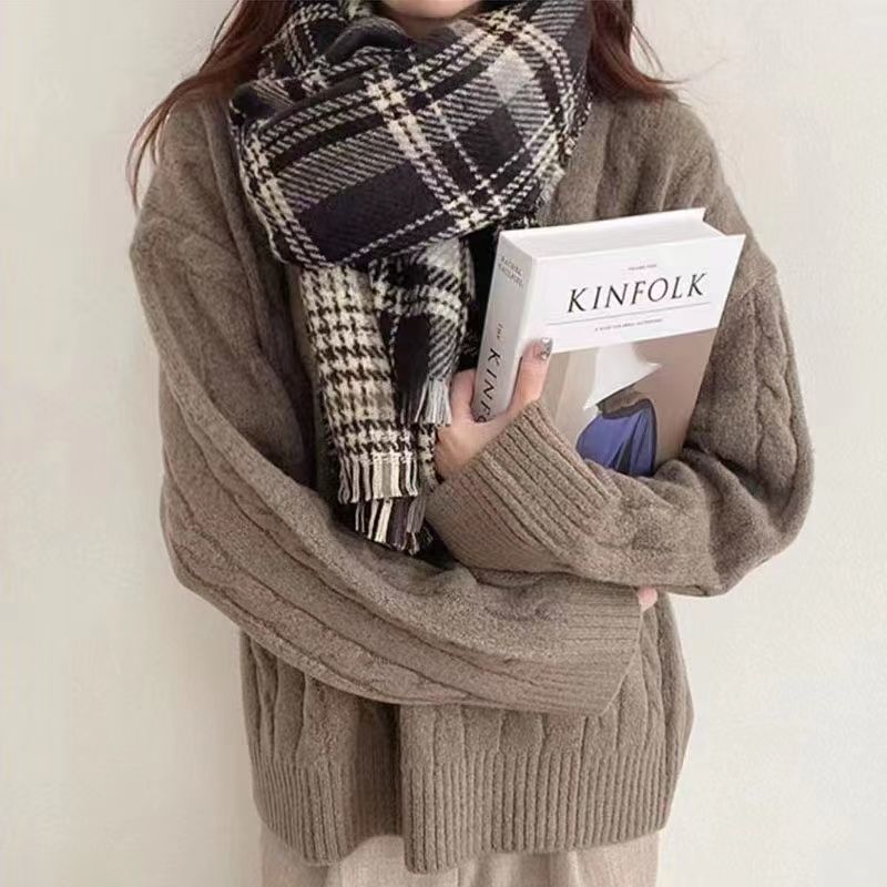 2023 Dobbeltsidet Plaid Jule Varmt Retro Tørklæde Kvindelig Efterår Og Vinter Cashmere