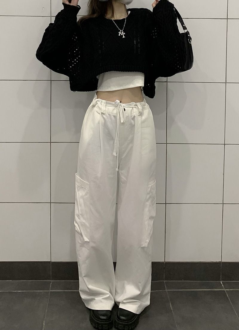 2023 Forår Ny Hul Rund Hals Løs Strik Sweater Kvinder + Overalls Med Store Lommer Casual Bukser