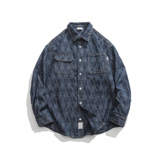 2023 Forår Stil Trend Rombisk Mønster Revers Denim Skjorte Mænd