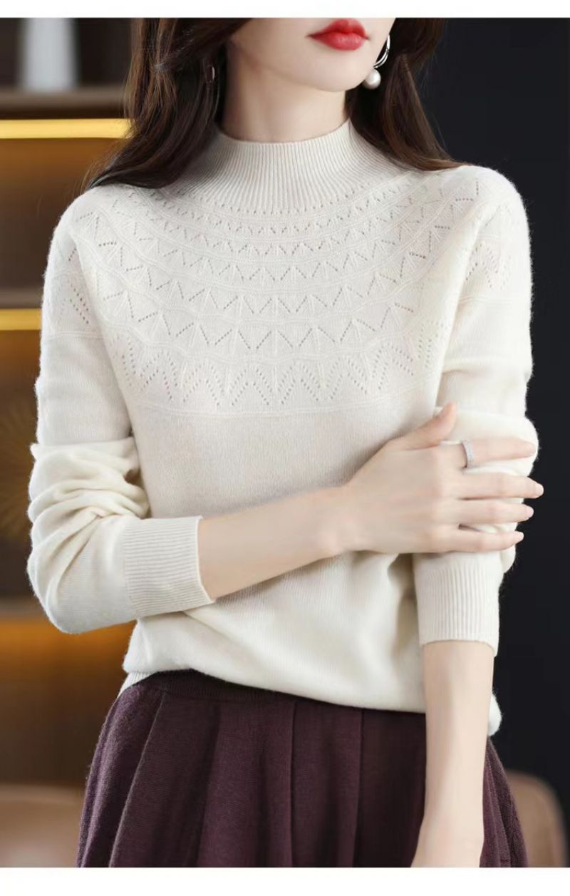 2023 Foråret Første-line Ready-to-wear Uld Sweater Kvinders 100 Uld Mode Udenlandsk Stil Ensfarvet Halv-høj Krave Kashmir