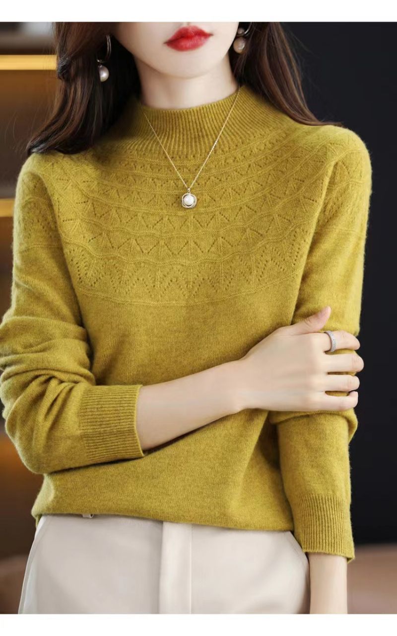 2023 Foråret Første-line Ready-to-wear Uld Sweater Kvinders 100 Uld Mode Udenlandsk Stil Ensfarvet Halv-høj Krave Kashmir
