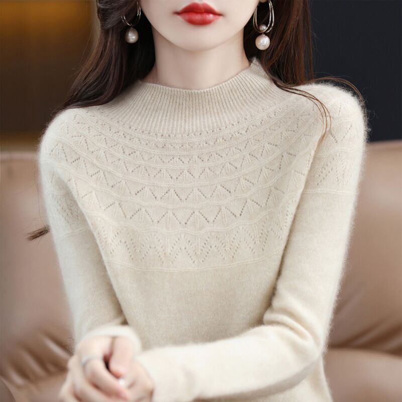2023 Foråret Første-line Ready-to-wear Uld Sweater Kvinders 100 Uld Mode Udenlandsk Stil Ensfarvet Halv-høj Krave Kashmir
