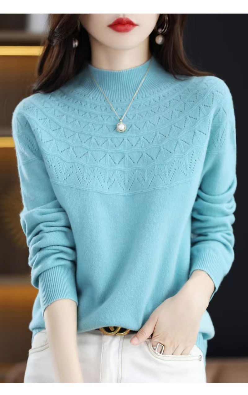 2023 Foråret Første-line Ready-to-wear Uld Sweater Kvinders 100 Uld Mode Udenlandsk Stil Ensfarvet Halv-høj Krave Kashmir