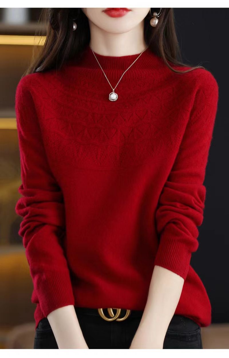 2023 Foråret Første-line Ready-to-wear Uld Sweater Kvinders 100 Uld Mode Udenlandsk Stil Ensfarvet Halv-høj Krave Kashmir