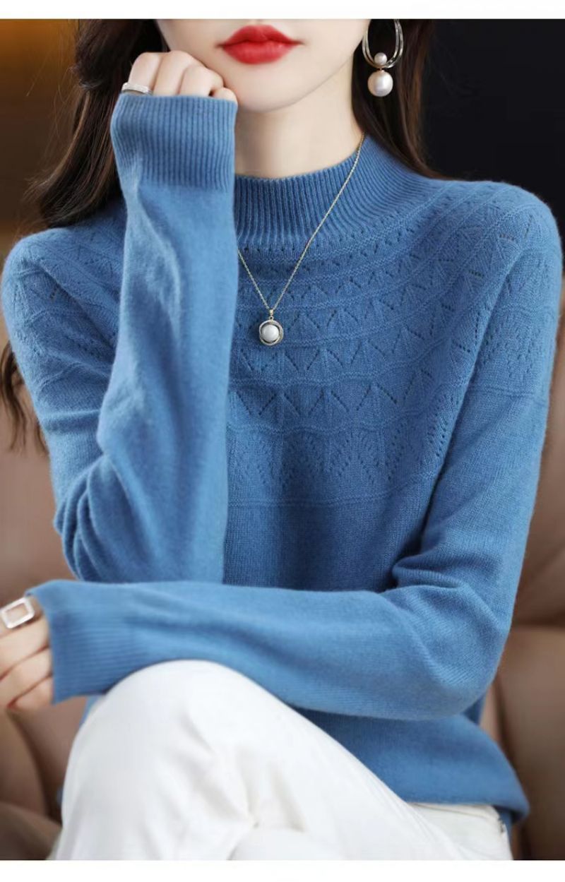 2023 Foråret Første-line Ready-to-wear Uld Sweater Kvinders 100 Uld Mode Udenlandsk Stil Ensfarvet Halv-høj Krave Kashmir