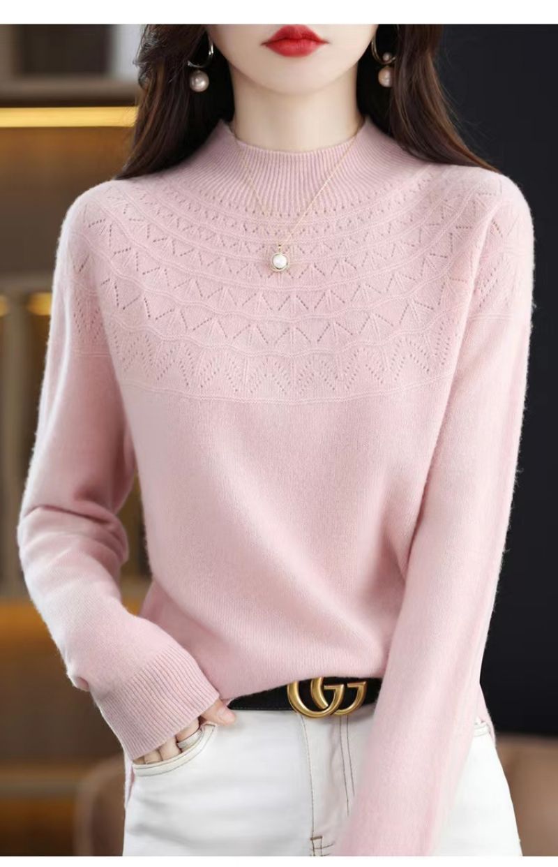 2023 Foråret Første-line Ready-to-wear Uld Sweater Kvinders 100 Uld Mode Udenlandsk Stil Ensfarvet Halv-høj Krave Kashmir