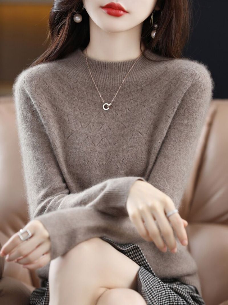 2023 Foråret Første-line Ready-to-wear Uld Sweater Kvinders 100 Uld Mode Udenlandsk Stil Ensfarvet Halv-høj Krave Kashmir