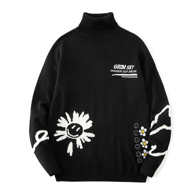 2023 Rullekrave Sweater Mænd Casual Trend Bomuldsmønster Krysantemum Strik