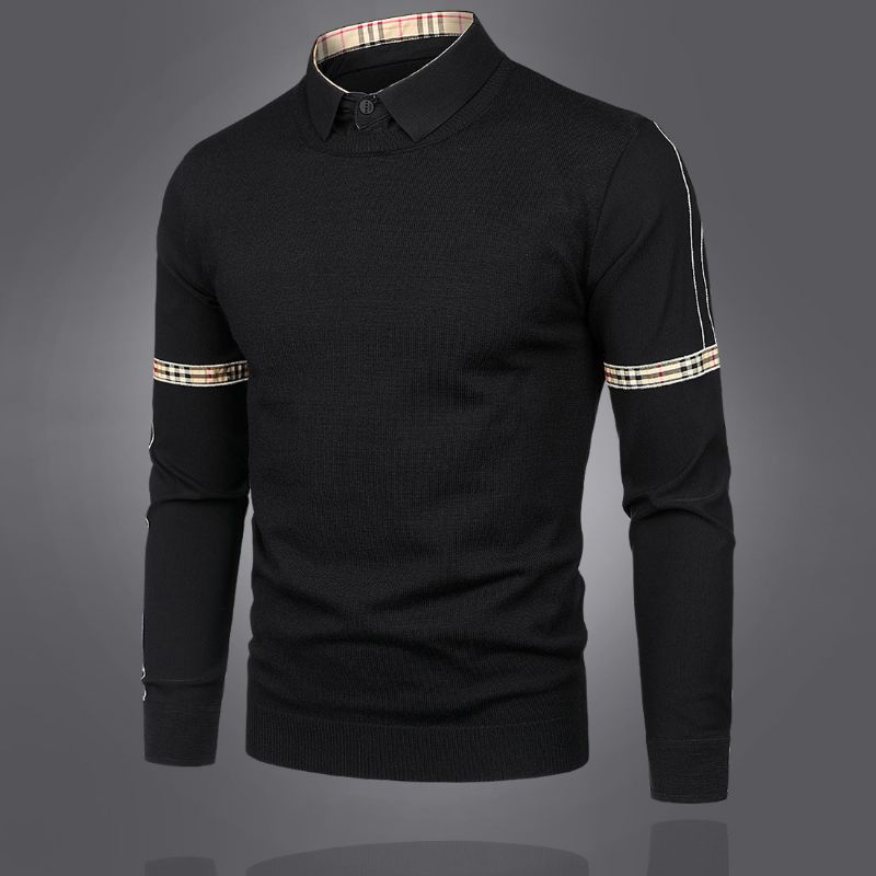 2023 Slim Fit Mænds Sweater Falsk Todelt Skjortekrave Strik
