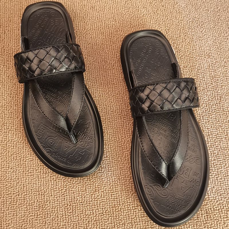 2023 Sommer Nye Mænds Læder Flip-flops Strandsko Vævede Retro Sandaler Hjemmesko Sko Mænd