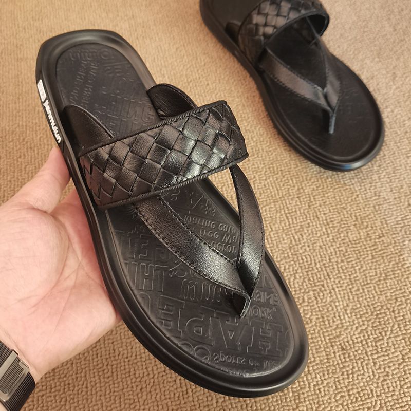 2023 Sommer Nye Mænds Læder Flip-flops Strandsko Vævede Retro Sandaler Hjemmesko Sko Mænd