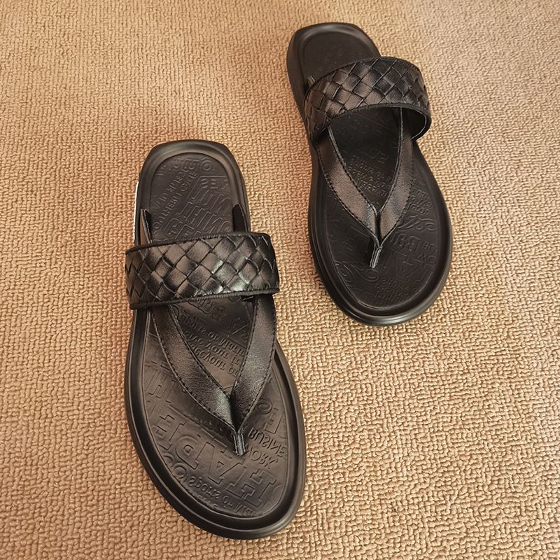 2023 Sommer Nye Mænds Læder Flip-flops Strandsko Vævede Retro Sandaler Hjemmesko Sko Mænd