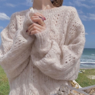 2023 Spring Seahorse Hair Sweater Dame Løs Pullover Langærmet Rund Hals Hul Strikket