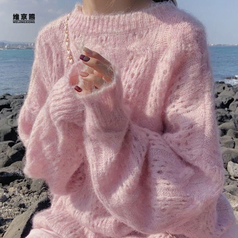 2023 Spring Seahorse Hair Sweater Dame Løs Pullover Langærmet Rund Hals Hul Strikket