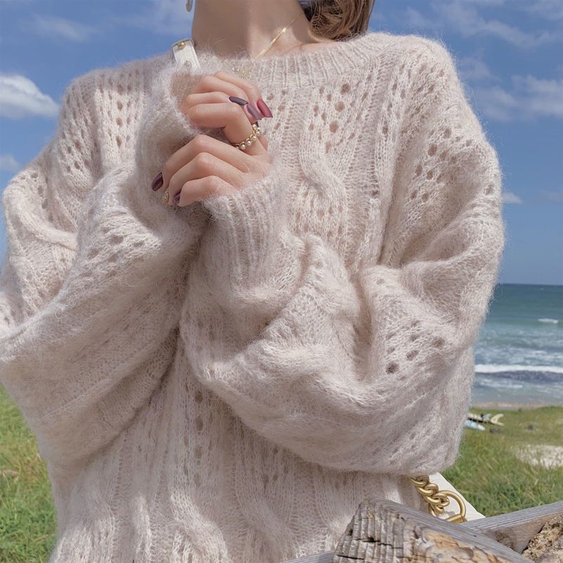 2023 Spring Seahorse Hair Sweater Dame Løs Pullover Langærmet Rund Hals Hul Strikket