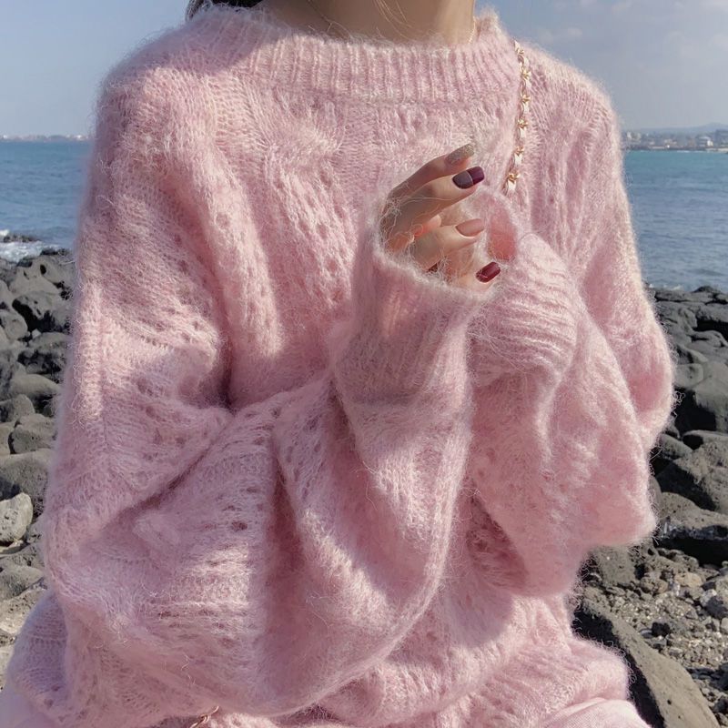2023 Spring Seahorse Hair Sweater Dame Løs Pullover Langærmet Rund Hals Hul Strikket