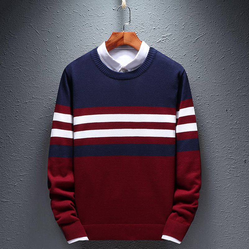2023 Striktrøje Til Mænd Med Rund Hals Stribet Sweater Med Varm Bund