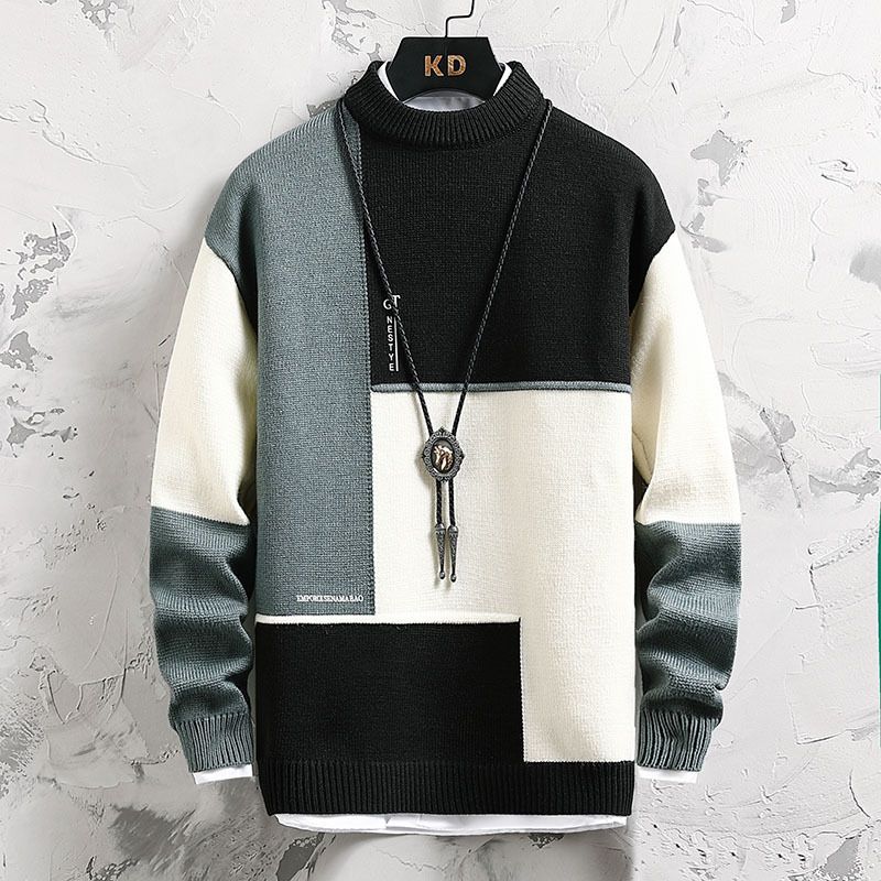 2023 Trendy Strikket Sweater Med Halv Høj Krave Til Mænd Farvematchende Afslappet Løs Pullover