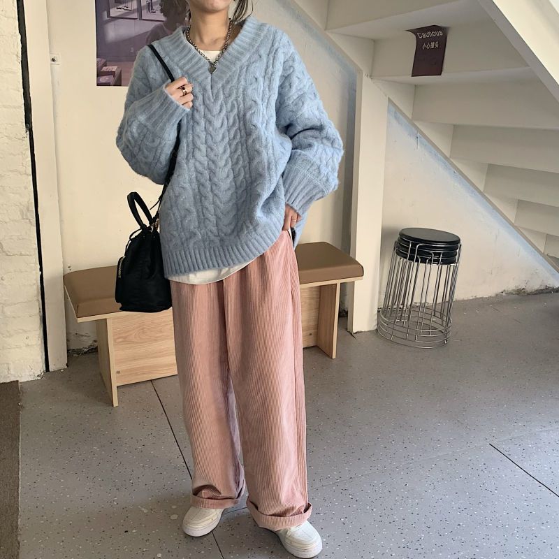 Blød Blå V-hals Sweater Dame 2023 Ny Forår Og Efterår Løs Twist Pullover Top