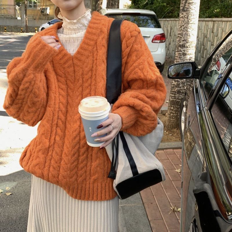 Blød Blå V-hals Sweater Dame 2023 Ny Forår Og Efterår Løs Twist Pullover Top