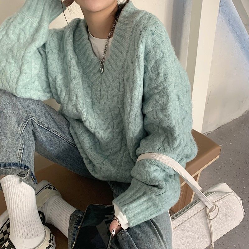 Blød Blå V-hals Sweater Dame 2023 Ny Forår Og Efterår Løs Twist Pullover Top