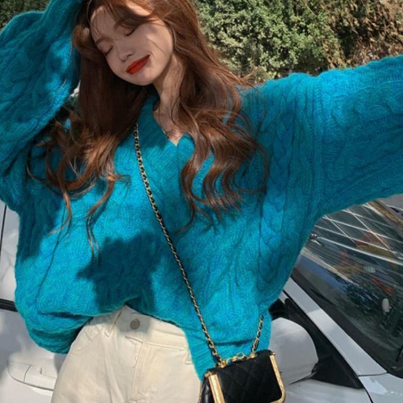 Blød Blå V-hals Sweater Dame 2023 Ny Forår Og Efterår Løs Twist Pullover Top