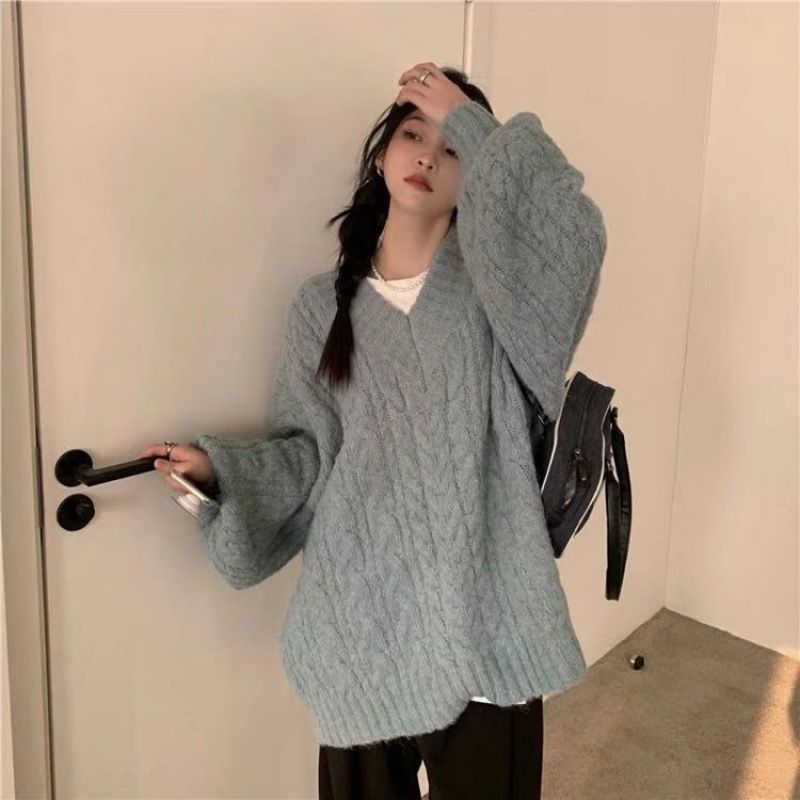Blød Blå V-hals Sweater Dame 2023 Ny Forår Og Efterår Løs Twist Pullover Top