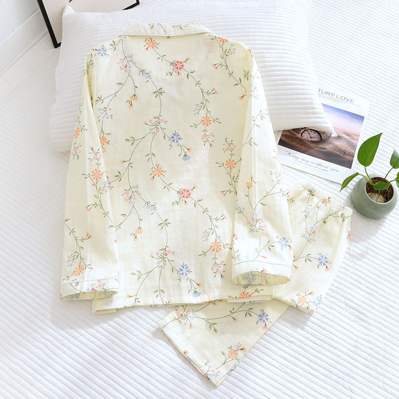 Blomstergazedragt Pyjamas Dame Langærmet Jakkesæt Tyndt Hjemmetøj