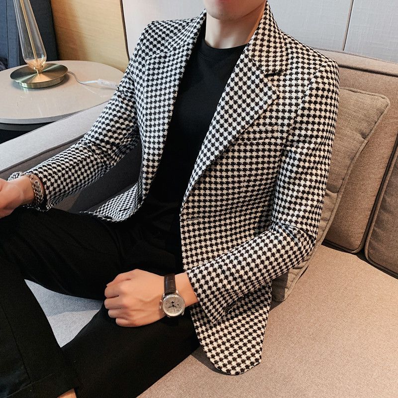 Casual Blazere Houndstooth Enkeltradet To Knapper Efterårs Vinterfrakke