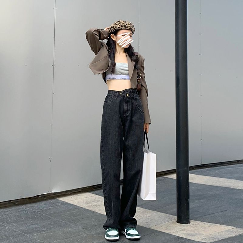 Casual Damejeans Lige Løs Højtalje Uregelmæssig Trendy