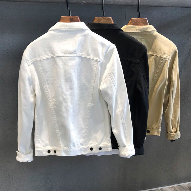 Casual Slank Hvid Denimjakke Mænd Trend Arbejdstøj