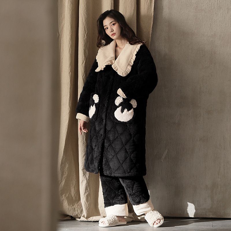 Coral Fleece Pyjamas Dame Tre-lags Tykt Hjemmeservice Sæt I To Dele