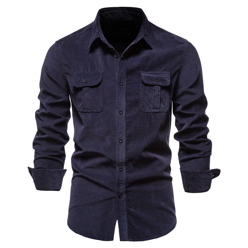 Corduroy Herreskjorte Slim Fit Casual Langærmet Denimblå