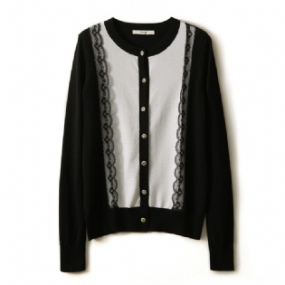 Dame 2023 Forår Ny Sweater Langærmet Top Blonde Syninger Udsmykket Rund Hals Strikket Cardigan