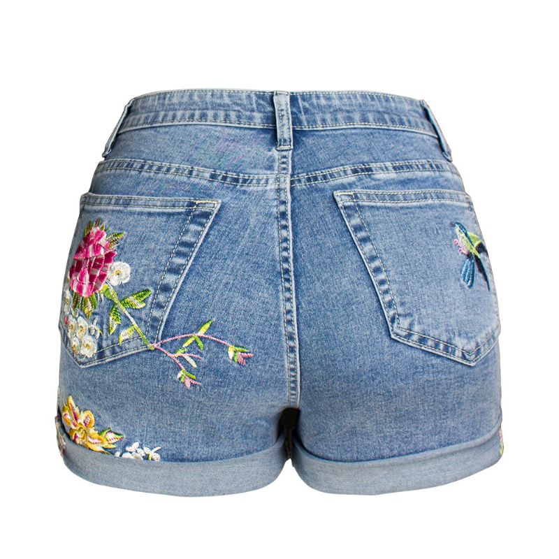 Dame Denim Shorts Brede Ben Stretch Broderede Blomster