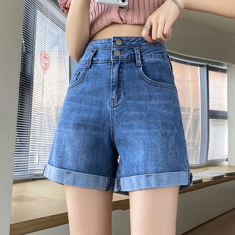 Dame Denim Shorts Høj Talje Tynd Lige Høj