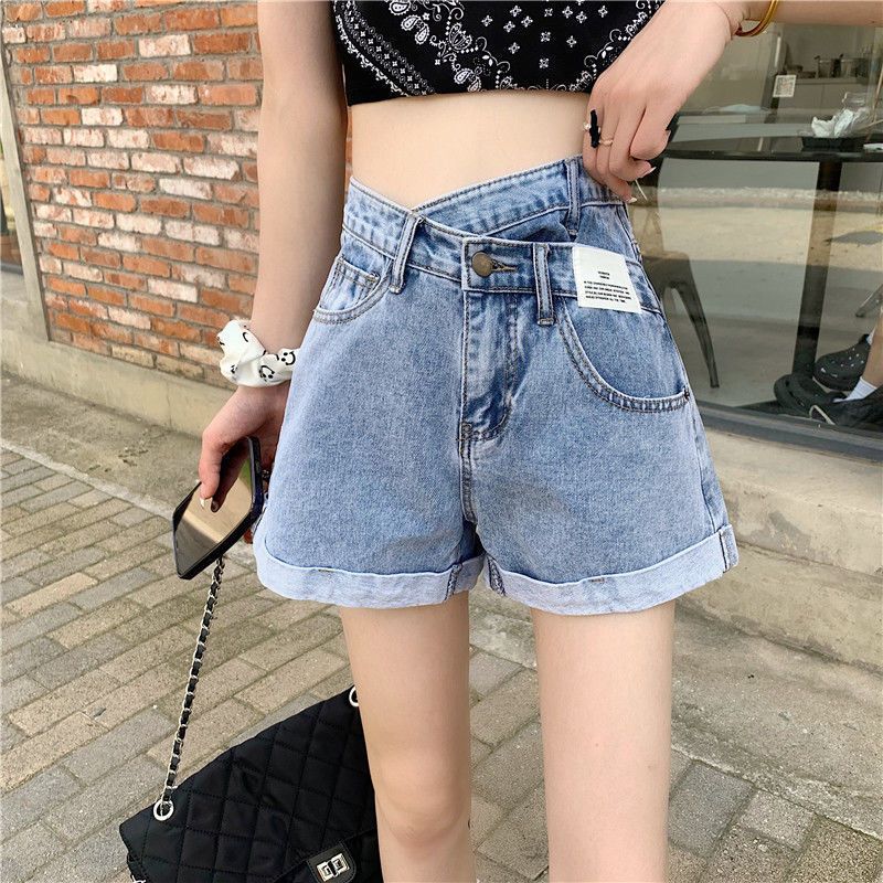 Dame Denim Shorts Retro Uregelmæssige Højtaljede Brede Benbukser