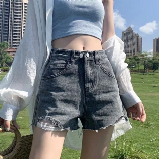 Dame Denimshorts Højtaljet Trendy Løse Brede Benhuller