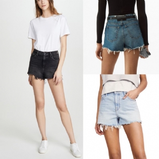 Dame Denimshorts Med Høj Talje Løse Brede Benhuller