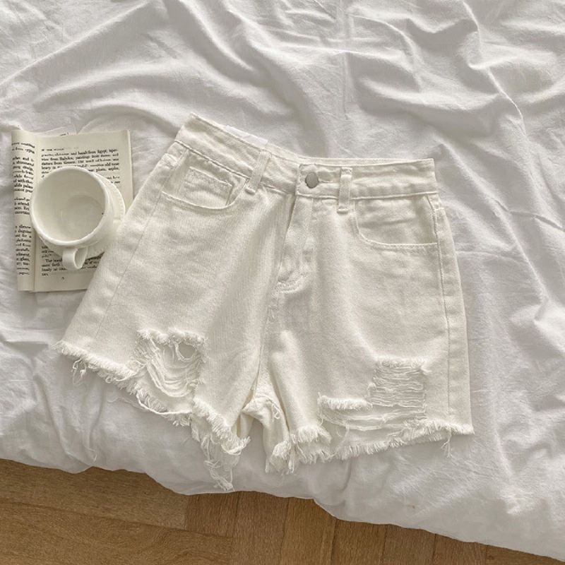 Dame Denimshorts Med Huller Løse Brede Ben