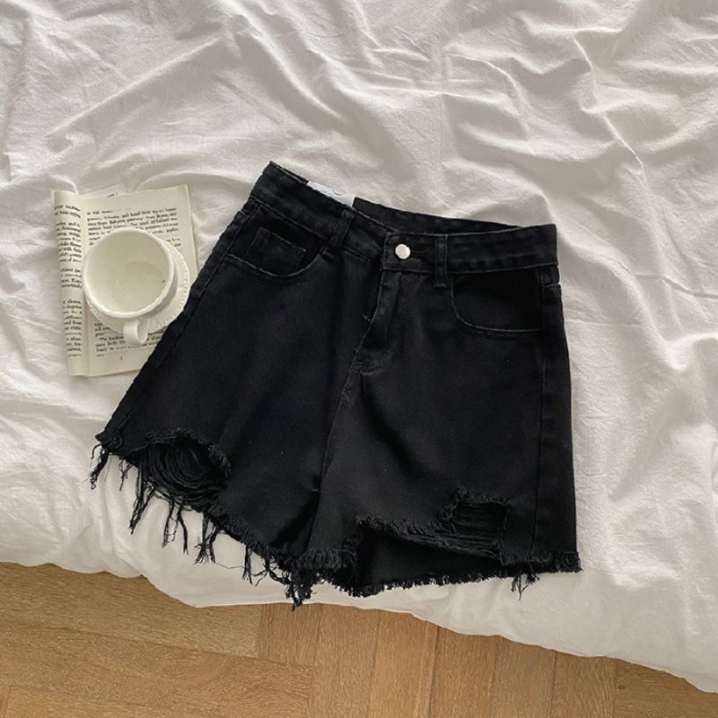 Dame Denimshorts Med Huller Løse Brede Ben