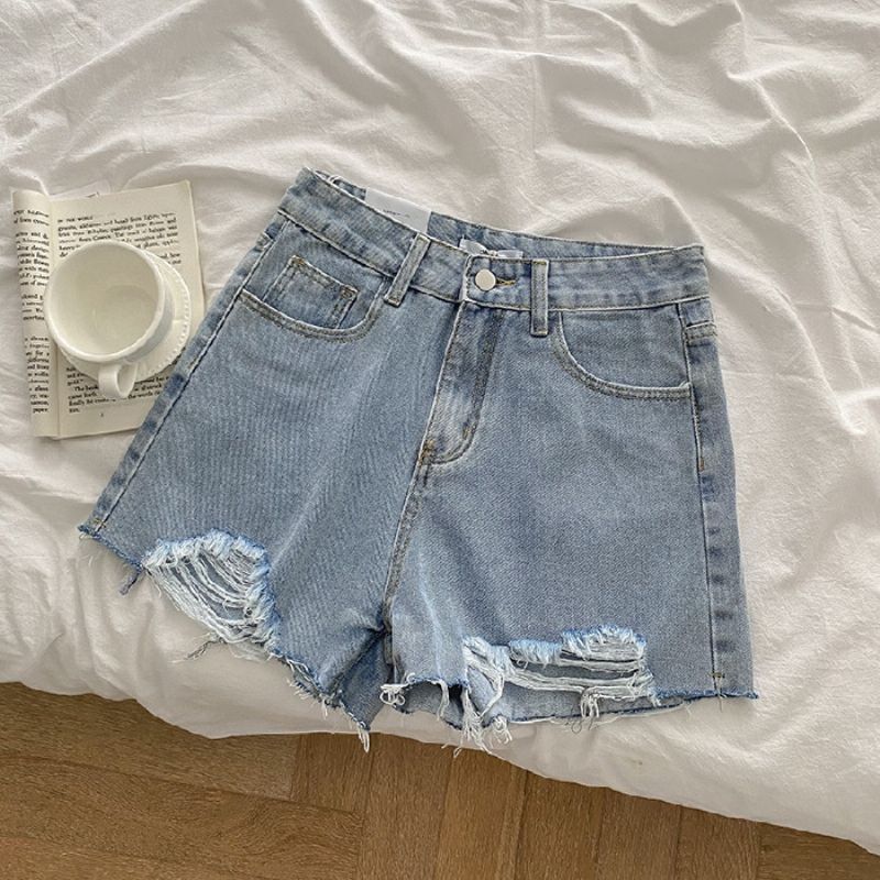 Dame Denimshorts Med Huller Løse Brede Ben