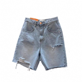 Dame Denimshorts Rippet Høj Talje Lige