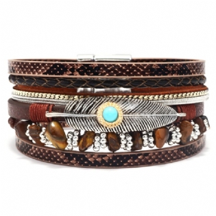 Dame Fjer Armbånd Trendy Retro Grus Flerlags Læder